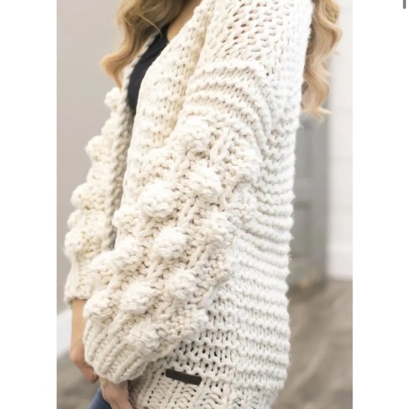 Wishlist Handmade Pom Pom Balloon Sleeve Open Cardigan in Cream - Picture 1 of 10